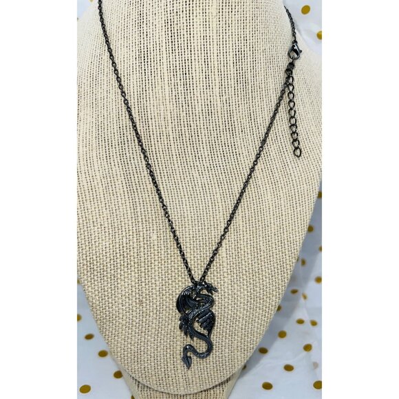 Black Dragon Pendant Necklace With Adjustable Black Chain Gothic Mystic 10.5” - Picture 2 of 3